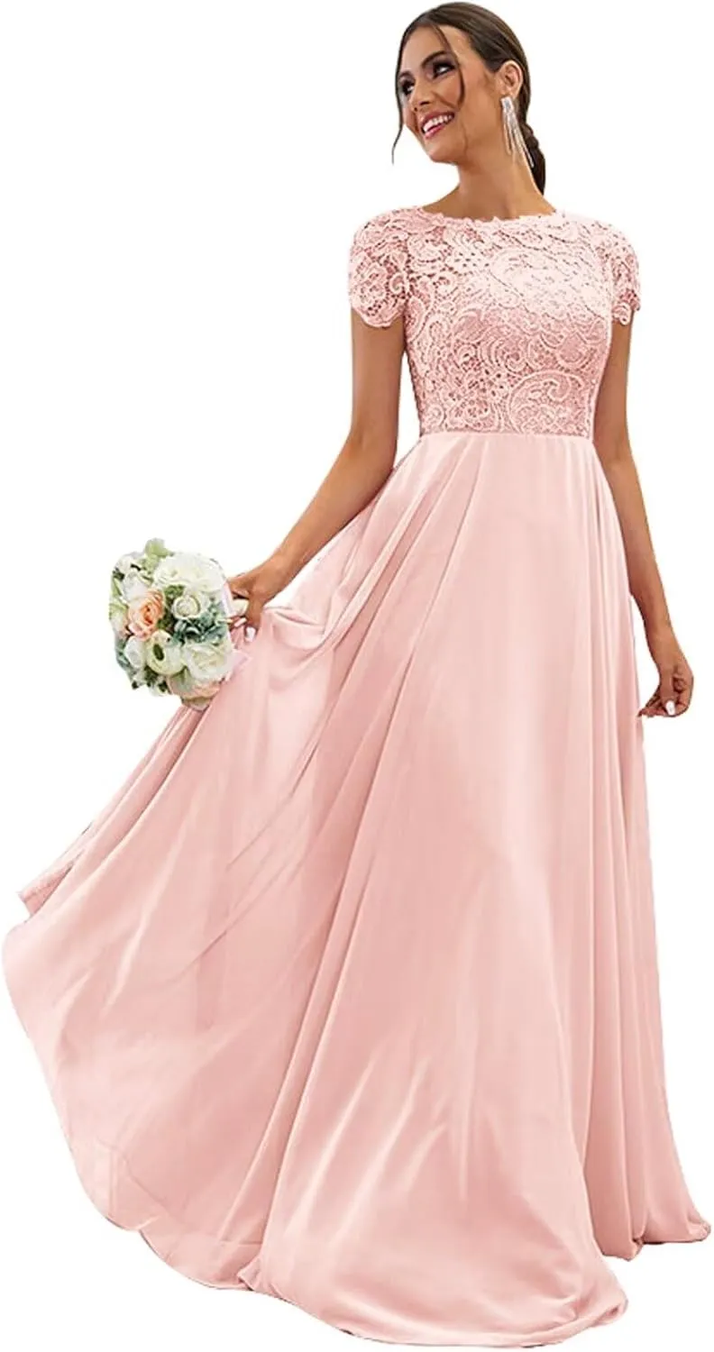 Chiffon Lace Bridesmaid Dresses for Women Long Ruffle Elegant Formal Evening Gown with Pockets