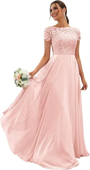 Chiffon Lace Bridesmaid Dresses for Women Long Ruffle Elegant Formal Evening Gown with Pockets