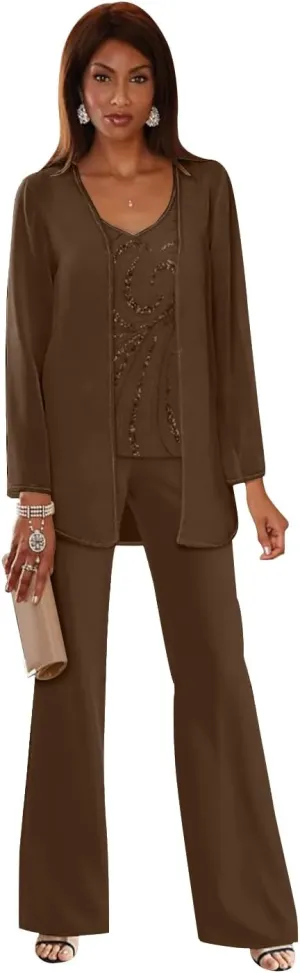 Chiffon Mother of The Bride Pant Suits for Women Sequins Wedding Party Dress with Jackets Formal Outfits MIS089