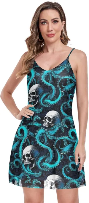 CHIFIGNO Casual Summer Dresses for Women V Neck Mini Sundress Sleeveless Spaghetti Strap Cocktail Dresses for Women