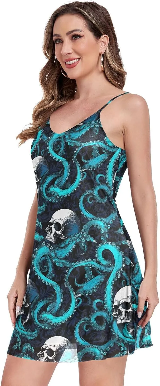 CHIFIGNO Casual Summer Dresses for Women V Neck Mini Sundress Sleeveless Spaghetti Strap Cocktail Dresses for Women