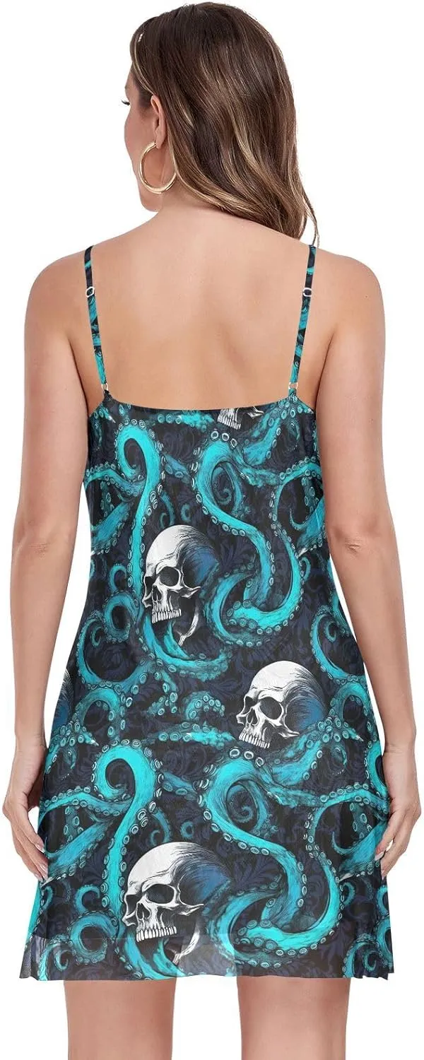 CHIFIGNO Casual Summer Dresses for Women V Neck Mini Sundress Sleeveless Spaghetti Strap Cocktail Dresses for Women