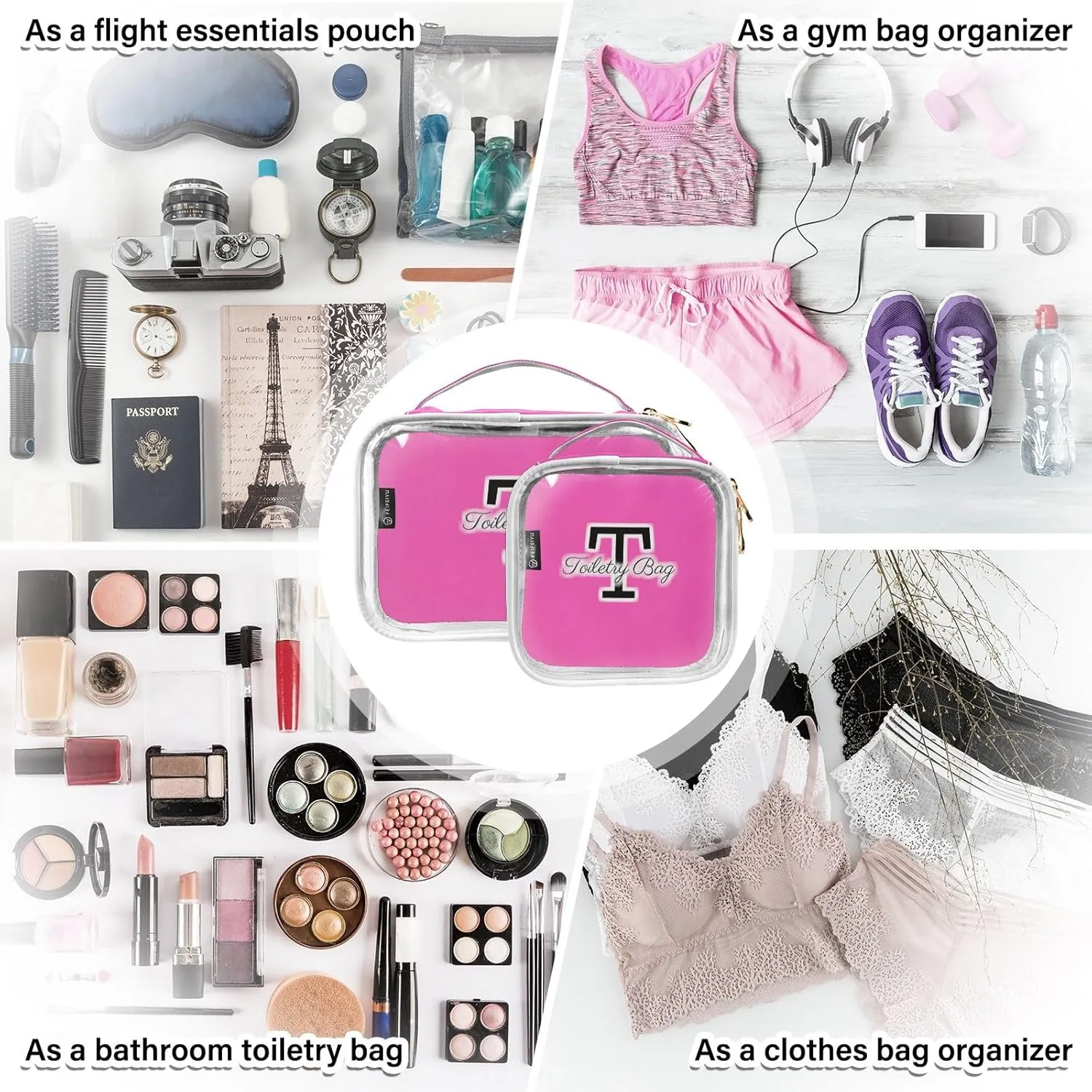 CHIFIGNO Custom Monogram Fashion Pink Clear Toiletries Bag - Waterproof Toiletry Bag Large Opening, Car Toiletry Bag Travel Essentials, Compact Travel Toiletry Bag
