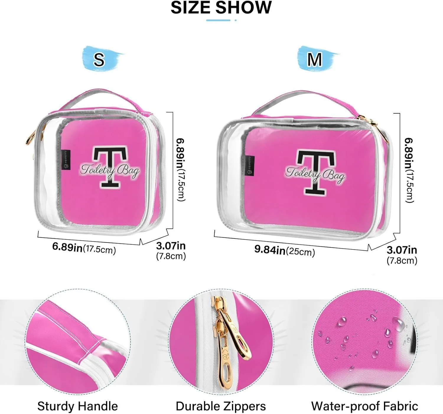CHIFIGNO Custom Monogram Fashion Pink Clear Toiletries Bag - Waterproof Toiletry Bag Large Opening, Car Toiletry Bag Travel Essentials, Compact Travel Toiletry Bag