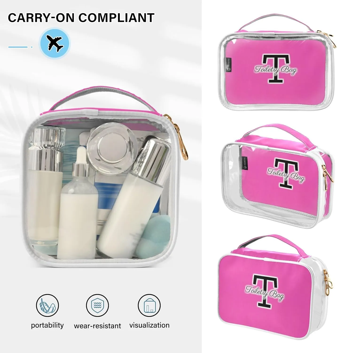 CHIFIGNO Custom Monogram Fashion Pink Clear Toiletries Bag - Waterproof Toiletry Bag Large Opening, Car Toiletry Bag Travel Essentials, Compact Travel Toiletry Bag