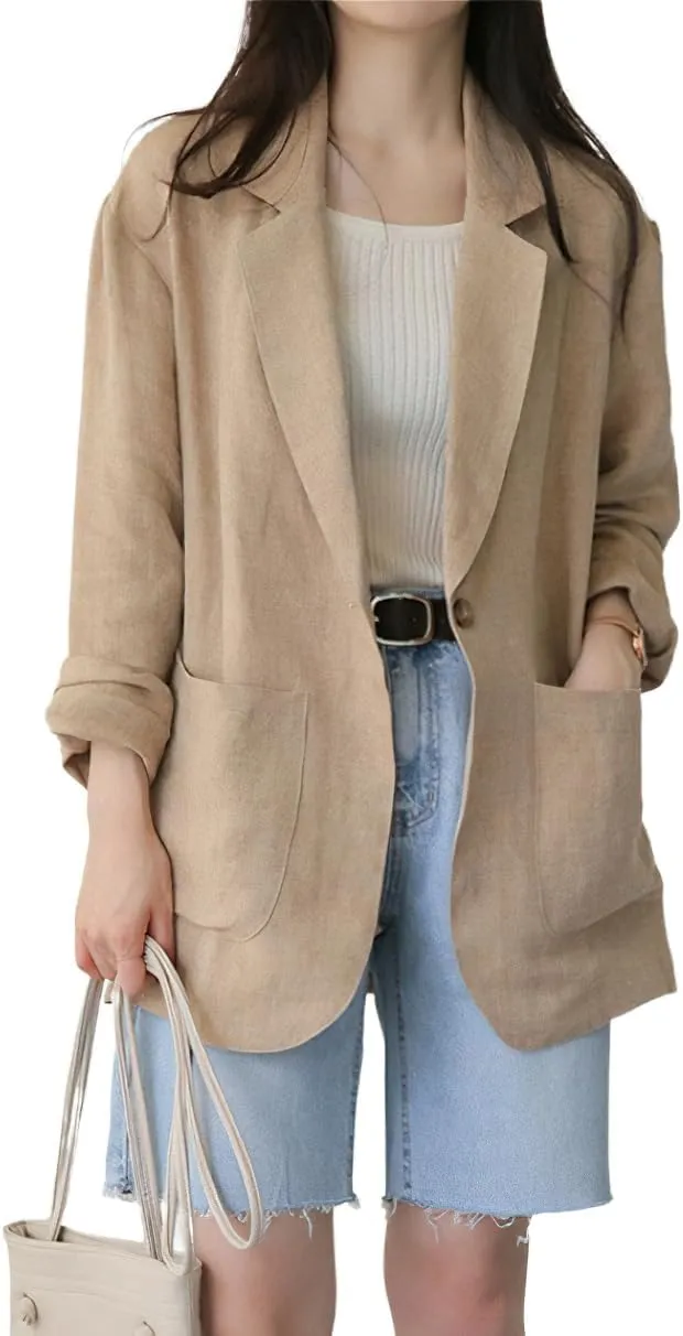 chouyatou Women's Business Casual Blazer Cotton Linen Office Loose Fit Notch Neck Open Front Jacket Coat