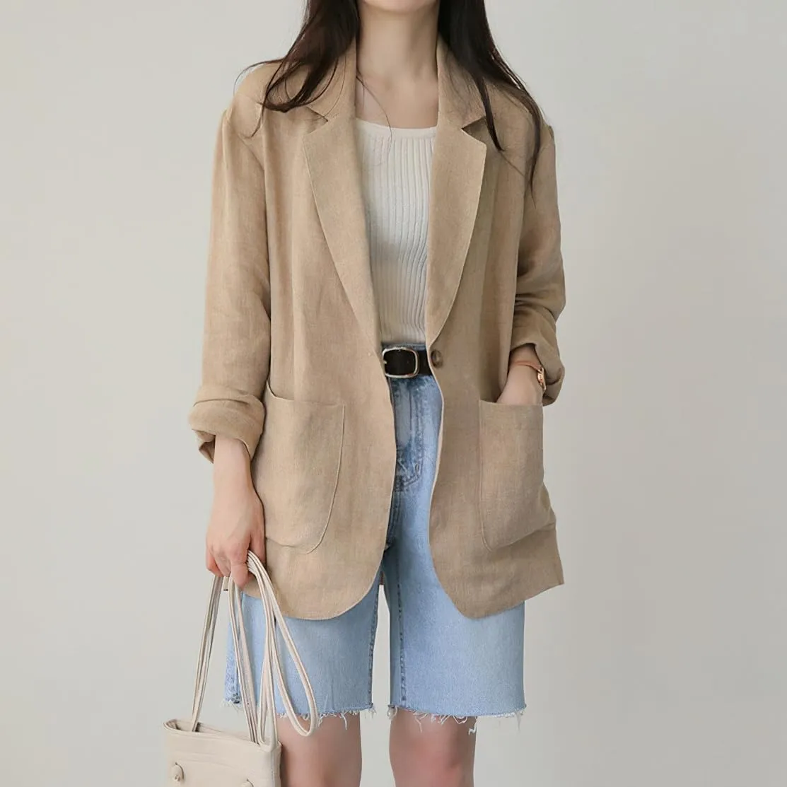 chouyatou Women's Business Casual Blazer Cotton Linen Office Loose Fit Notch Neck Open Front Jacket Coat