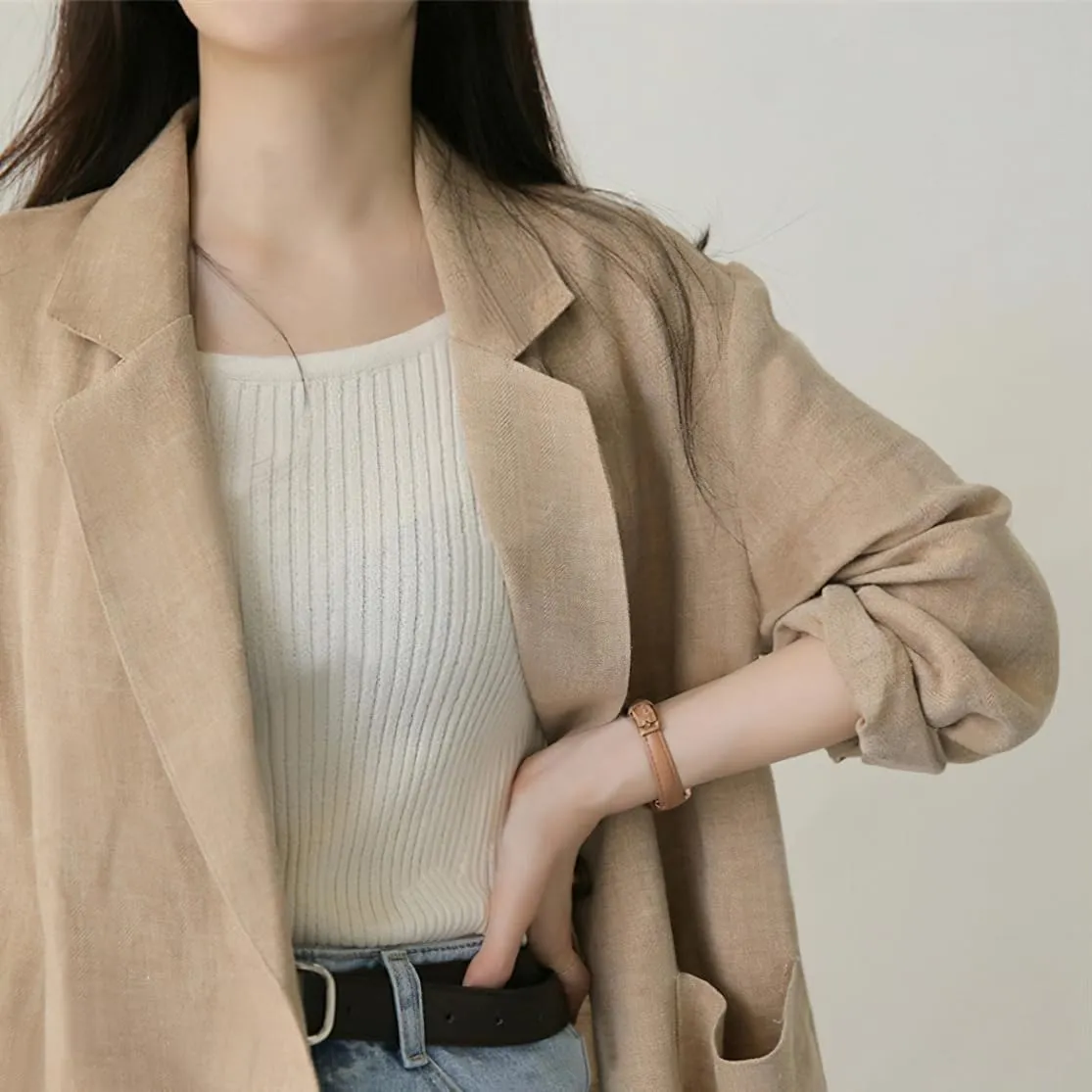 chouyatou Women's Business Casual Blazer Cotton Linen Office Loose Fit Notch Neck Open Front Jacket Coat