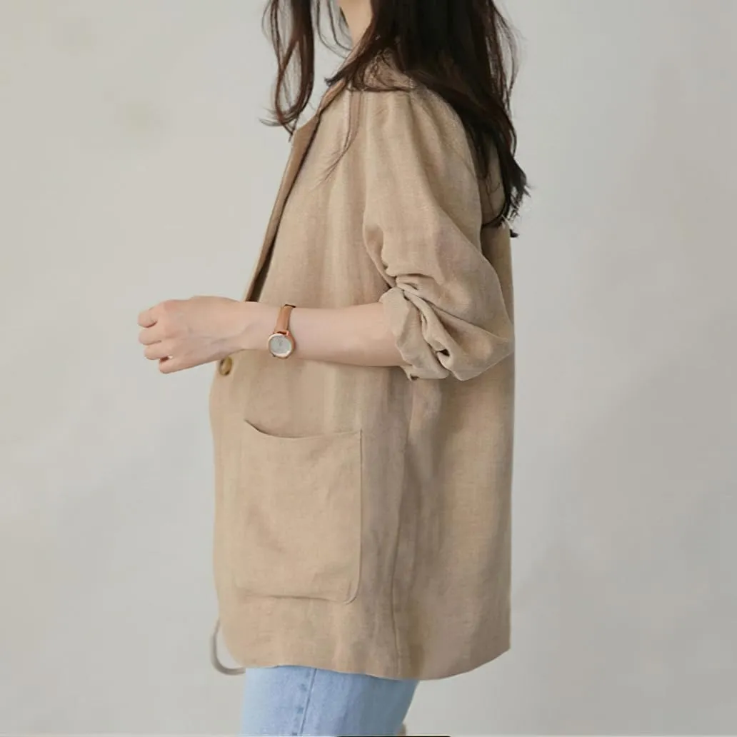 chouyatou Women's Business Casual Blazer Cotton Linen Office Loose Fit Notch Neck Open Front Jacket Coat