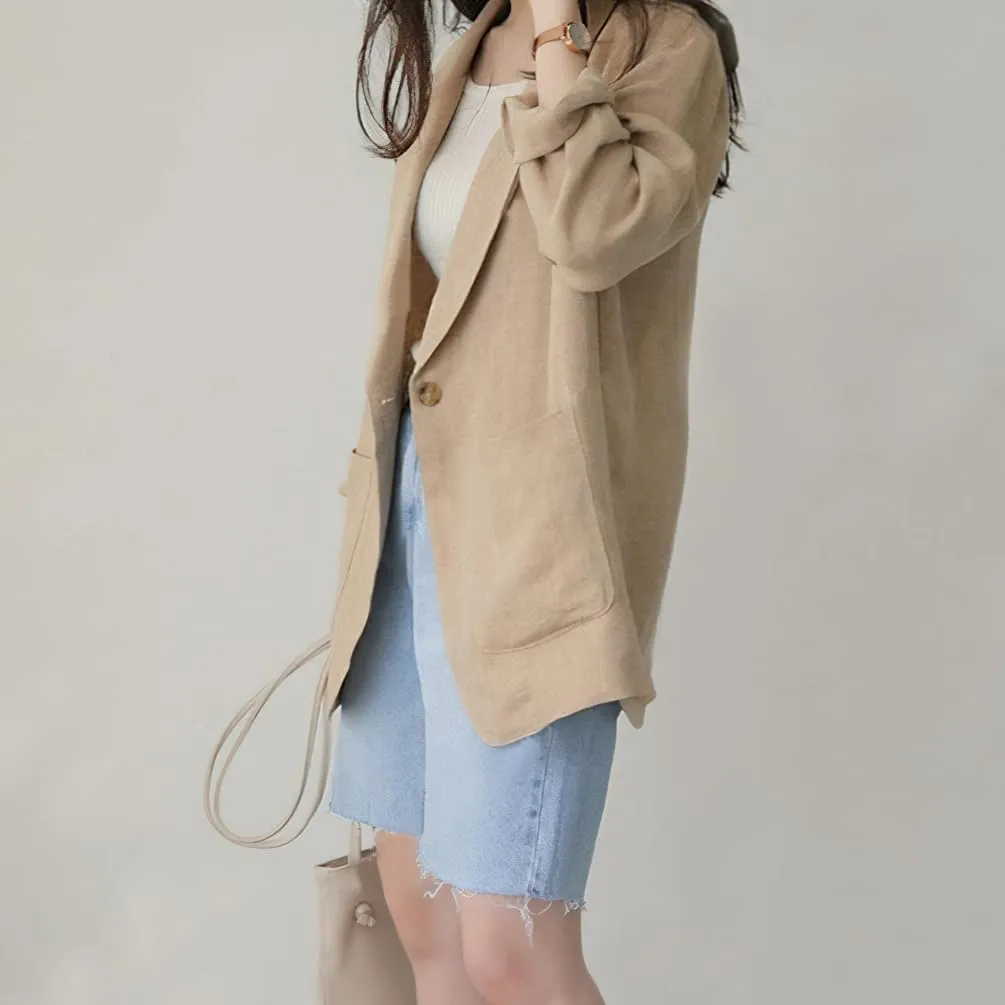 chouyatou Women's Business Casual Blazer Cotton Linen Office Loose Fit Notch Neck Open Front Jacket Coat