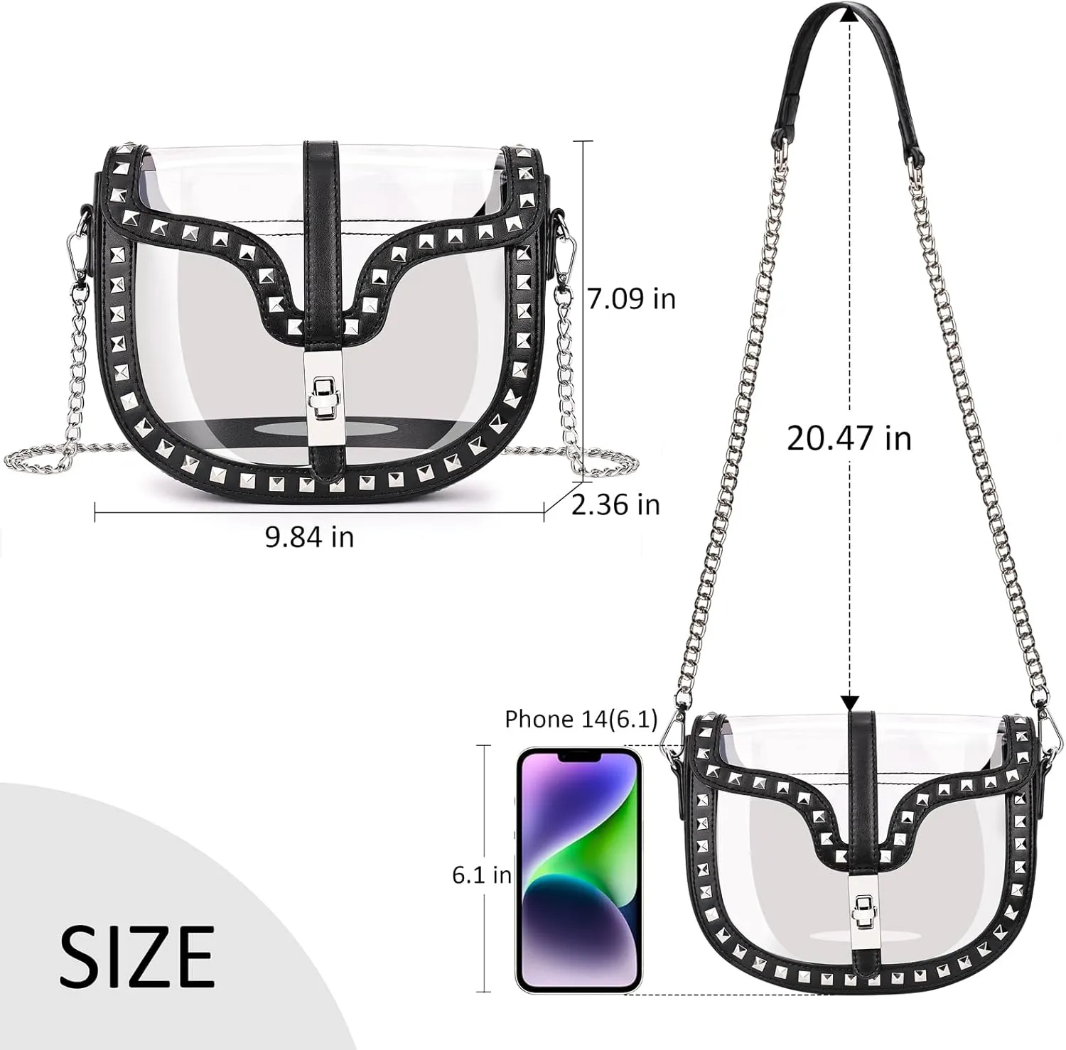 Clear Crossbody Bag for Women Stadium Approved- Vegan Leather See-Through Purse with Zipper, Stylish PVC Studded Should Bag