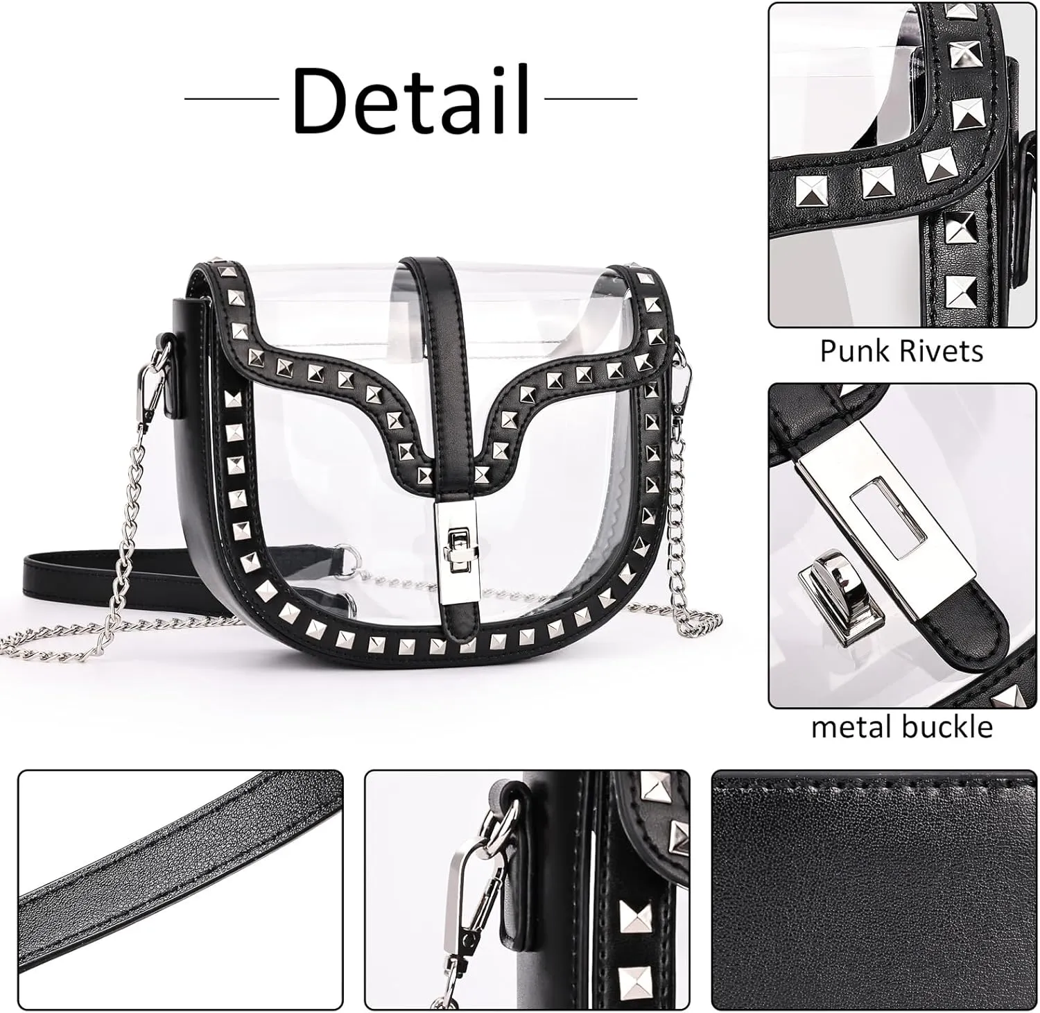 Clear Crossbody Bag for Women Stadium Approved- Vegan Leather See-Through Purse with Zipper, Stylish PVC Studded Should Bag