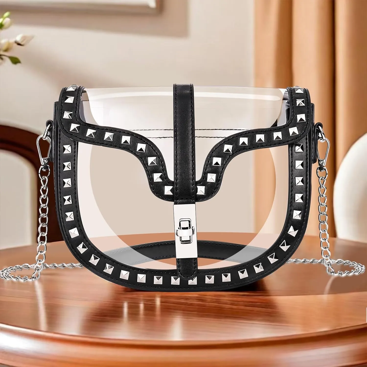 Clear Crossbody Bag for Women Stadium Approved- Vegan Leather See-Through Purse with Zipper, Stylish PVC Studded Should Bag