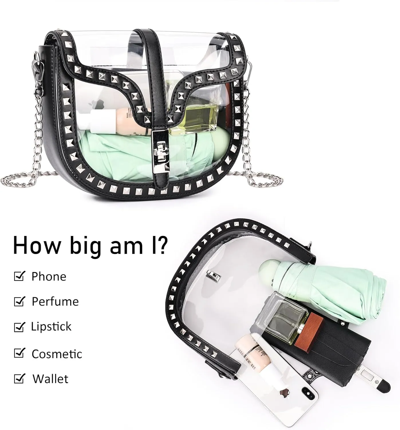 Clear Crossbody Bag for Women Stadium Approved- Vegan Leather See-Through Purse with Zipper, Stylish PVC Studded Should Bag