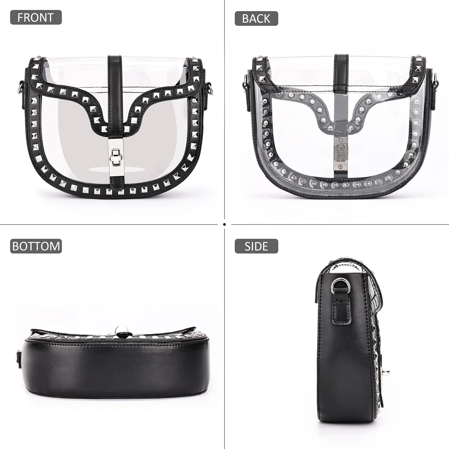 Clear Crossbody Bag for Women Stadium Approved- Vegan Leather See-Through Purse with Zipper, Stylish PVC Studded Should Bag
