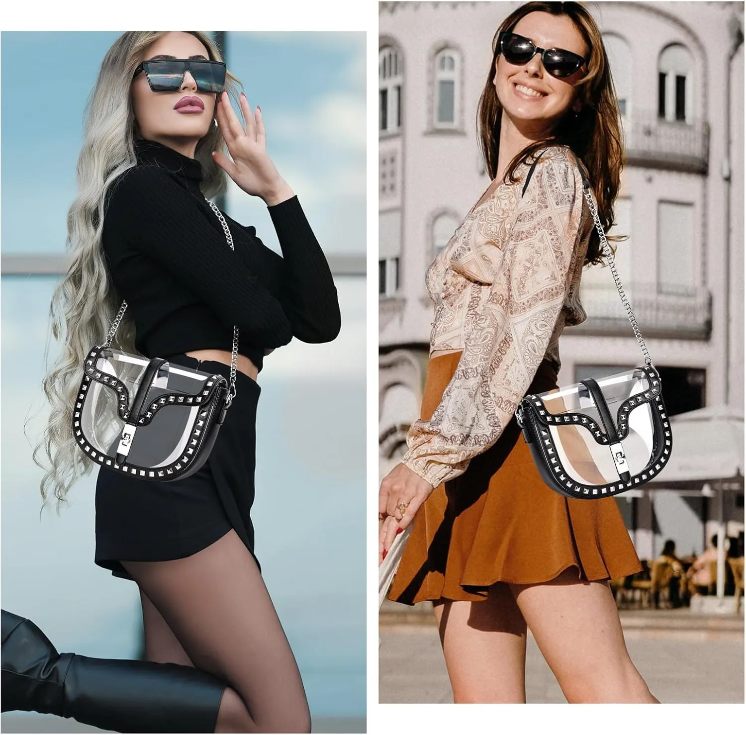 Clear Crossbody Bag for Women Stadium Approved- Vegan Leather See-Through Purse with Zipper, Stylish PVC Studded Should Bag