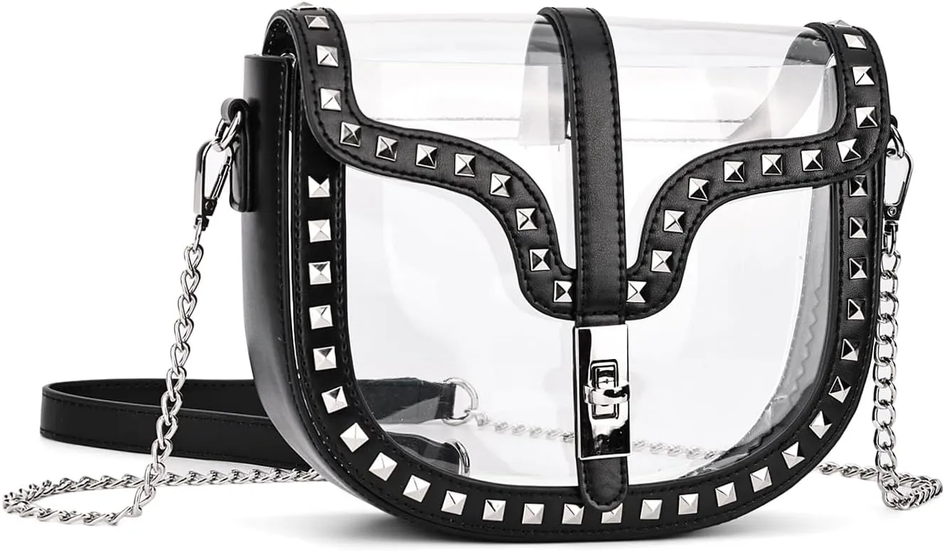 Clear Crossbody Bag for Women Stadium Approved- Vegan Leather See-Through Purse with Zipper, Stylish PVC Studded Should Bag