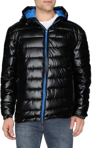 Cole Haan Men's Leather Faux Down Hooded Jacket with Contrast Lining