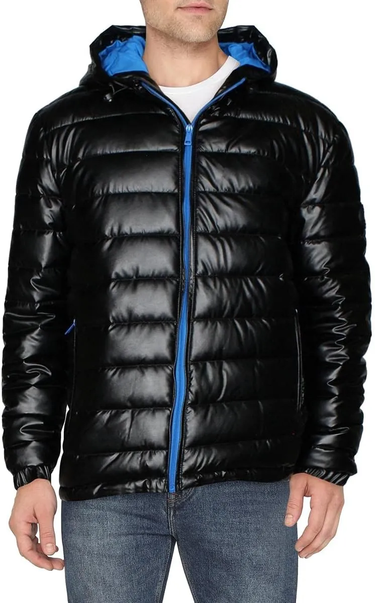 Cole Haan Men's Leather Faux Down Hooded Jacket with Contrast Lining