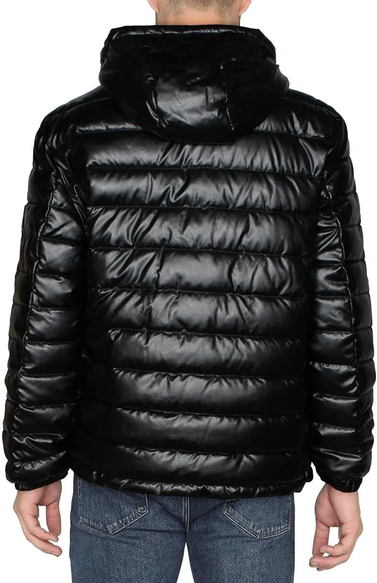 Cole Haan Men's Leather Faux Down Hooded Jacket with Contrast Lining