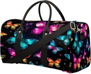 Colorful Butterfly Travel Duffel Bag for Women Men, Glow Animal Sport Tote Gym Bag Foldable Weekender Overnight Bag Waterproof Carry On Luggage Bag
