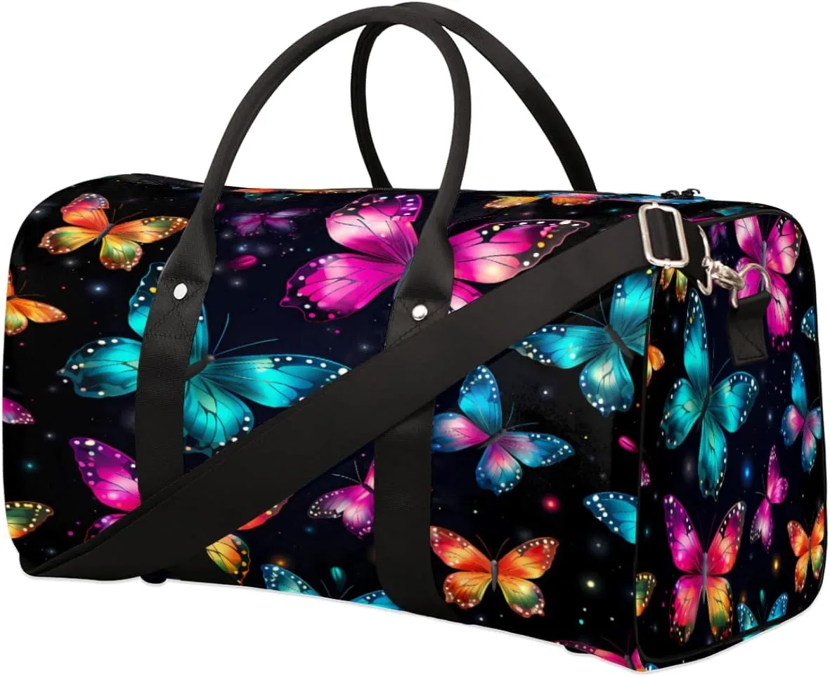 Colorful Butterfly Travel Duffel Bag for Women Men, Glow Animal Sport Tote Gym Bag Foldable Weekender Overnight Bag Waterproof Carry On Luggage Bag