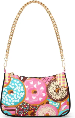 Colorful Donut Cake Shoulder Handbags for Women Travel Hobo Tote Handbag Women Gold Chain Shoulder Bags Purse with Zipper Closure