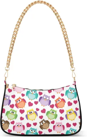 Colorful Owl Bird Shoulder Handbags for Women Travel Hobo Tote Handbag Women Gold Chain Shoulder Bags Purse with Zipper Closure