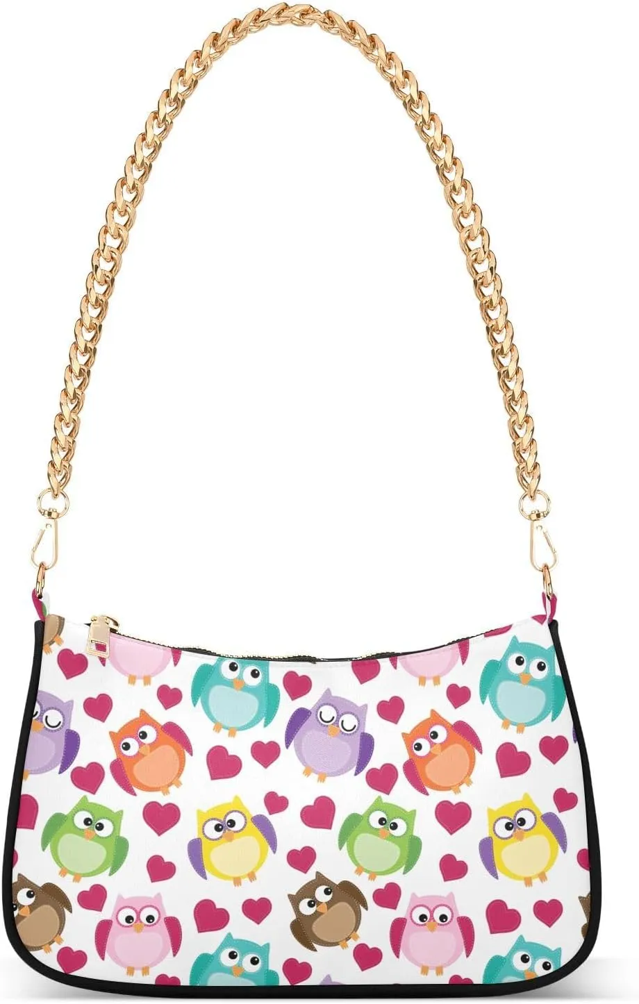 Colorful Owl Bird Shoulder Handbags for Women Travel Hobo Tote Handbag Women Gold Chain Shoulder Bags Purse with Zipper Closure