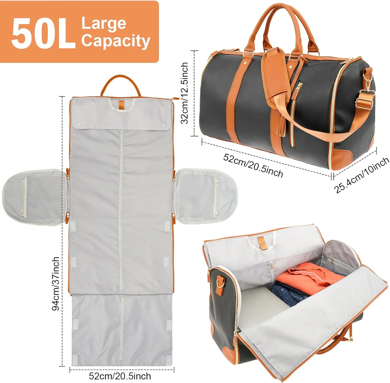 Convertible Duffel Garment Bag,Garment Duffle Bags for Travel,Weekender Bag with Shoe Pouch,Large Carry on Garment Bag for Women,2 in 1 Hanging Suitcase Suit (Black and Brown)