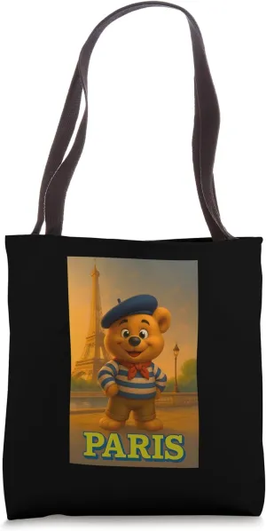 Cool French Paris Teddy Bear Style Illustration Graphic Tote Bag