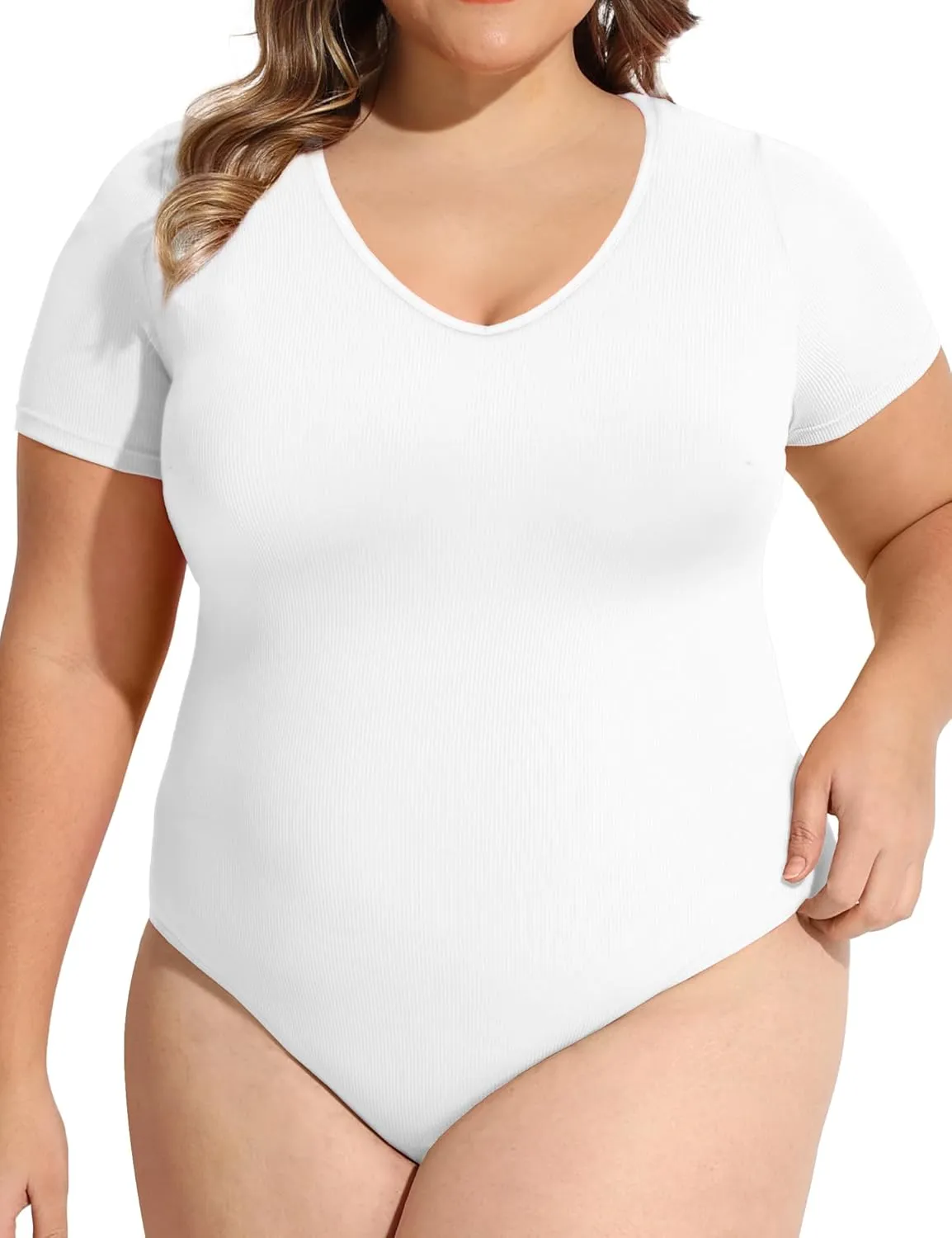 COOTRY Plus Size Short Sleeve Bodysuits for Women V Neck Body Suit Tops Basic One Piece Bodysuit T Shirt