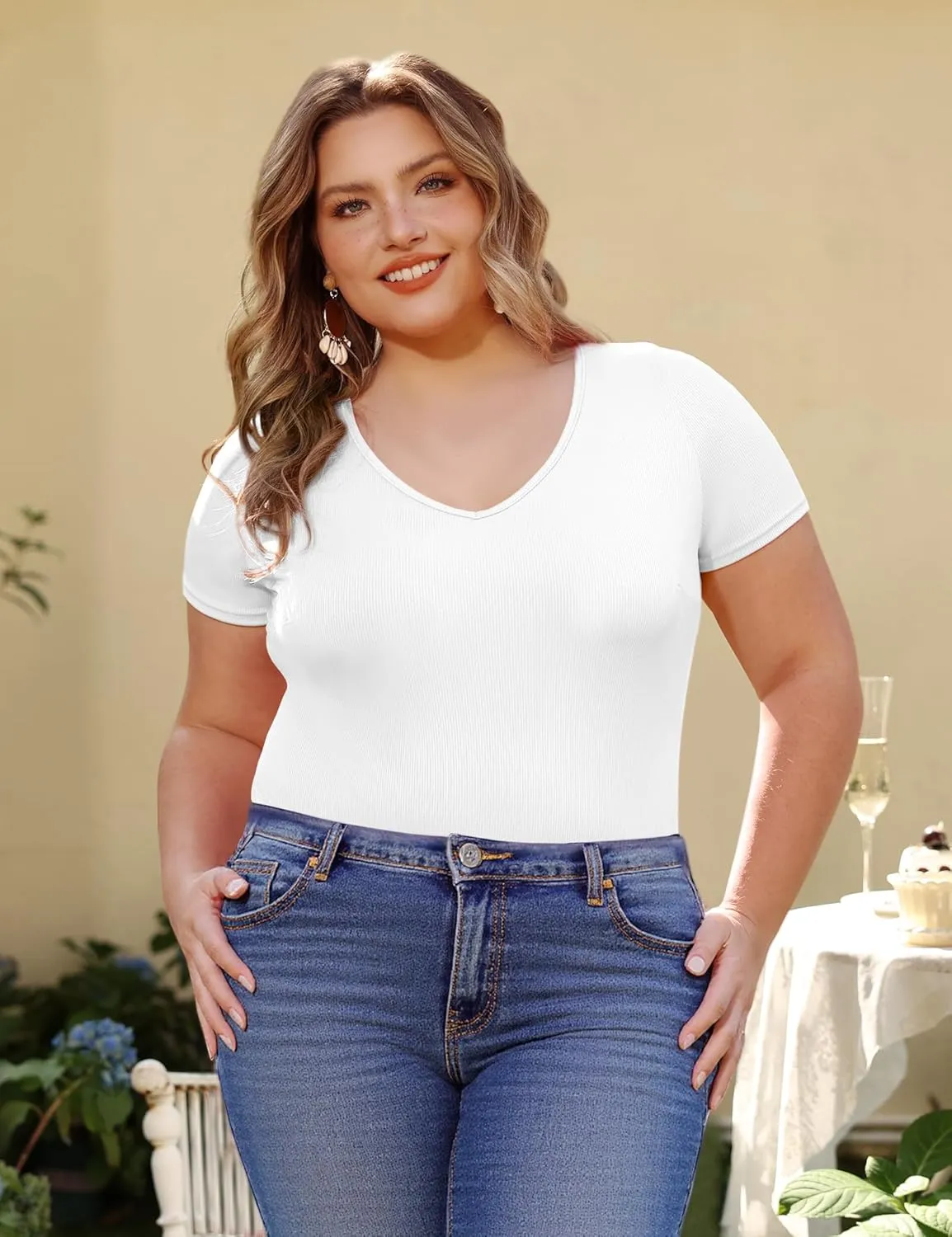 COOTRY Plus Size Short Sleeve Bodysuits for Women V Neck Body Suit Tops Basic One Piece Bodysuit T Shirt