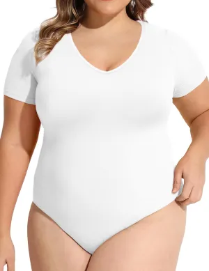 COOTRY Plus Size Short Sleeve Bodysuits for Women V Neck Body Suit Tops Basic One Piece Bodysuit T Shirt