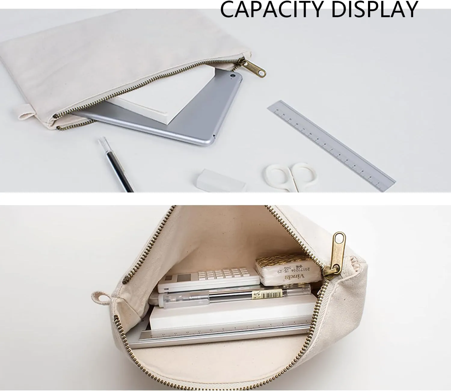 Cosmetic Bag plus wrist Multipurpose Makeup Bag with Zipper Cotton Canvas Bag Travel Bag Pencil Bag (Beige-basic, S)