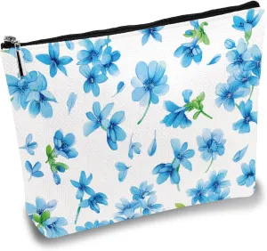 CREATCABIN Blue Flower Makeup Bags Canvas Cosmetic Bag Polycotton Multi Purpose Case Zipper Pouches Toiletry Travel Washing Bag Purse Portable Storage Organizer for Women Friend Sisters Gifts 10x7Inch