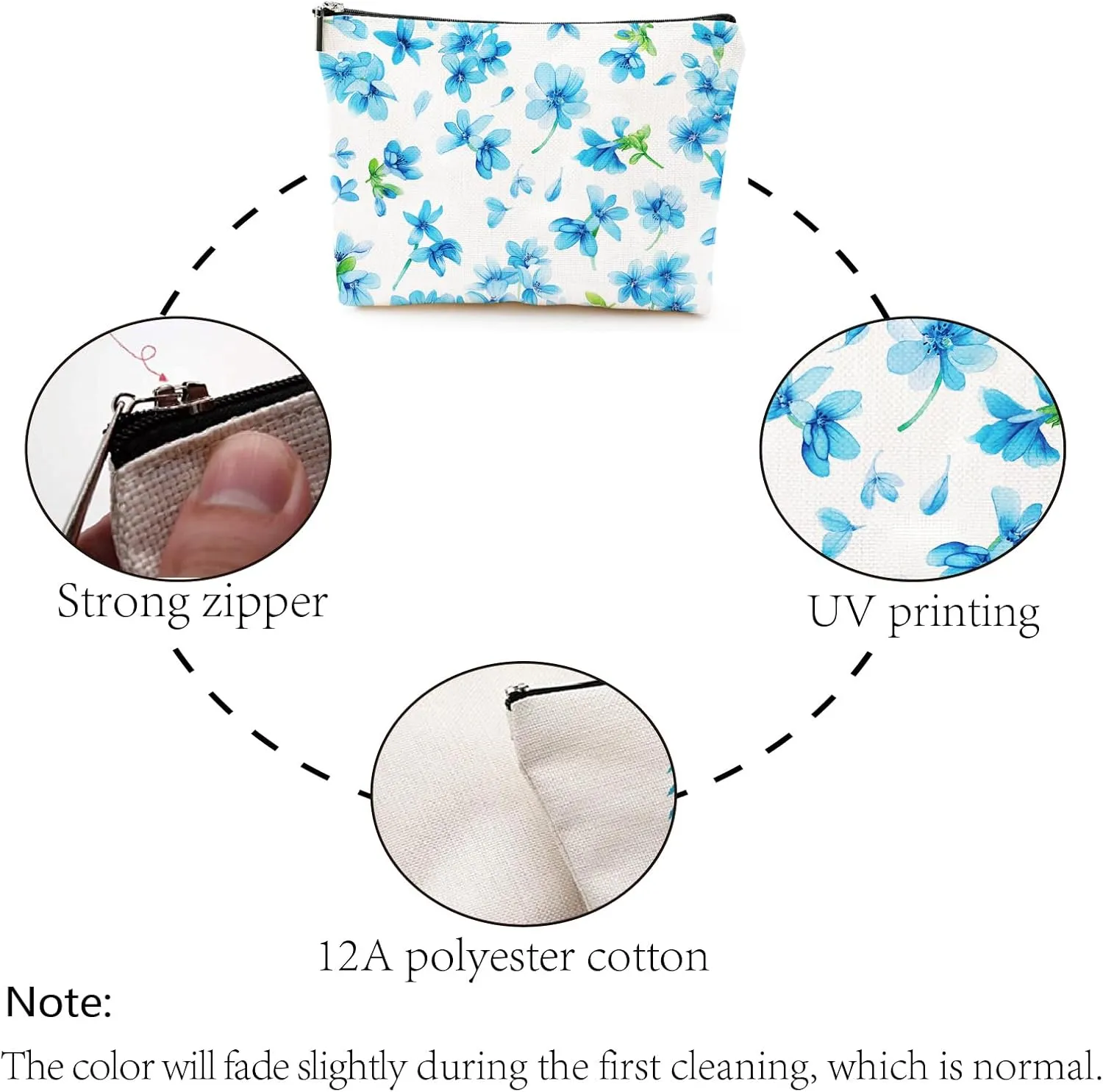 CREATCABIN Blue Flower Makeup Bags Canvas Cosmetic Bag Polycotton Multi Purpose Case Zipper Pouches Toiletry Travel Washing Bag Purse Portable Storage Organizer for Women Friend Sisters Gifts 10x7Inch