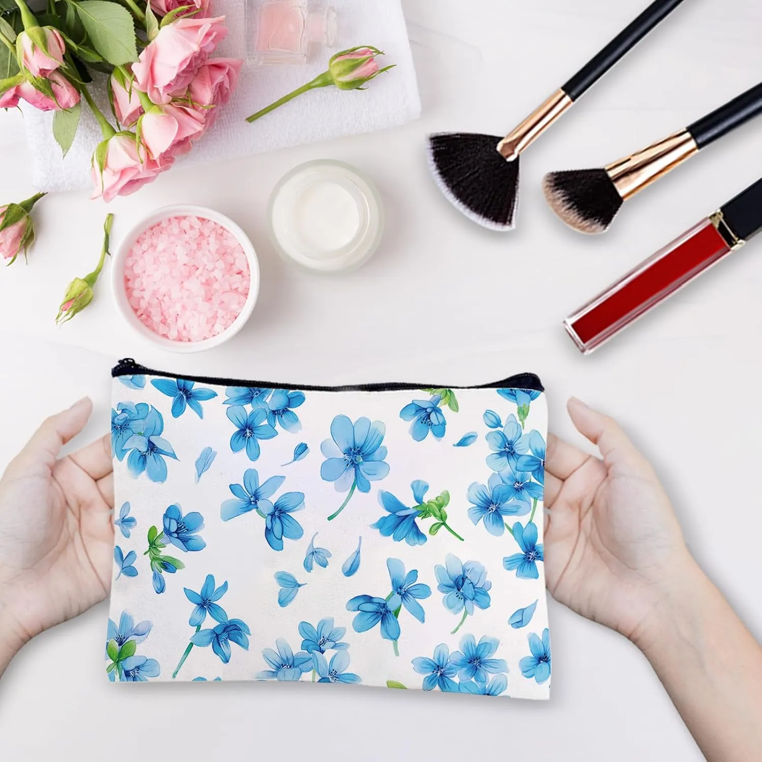 CREATCABIN Blue Flower Makeup Bags Canvas Cosmetic Bag Polycotton Multi Purpose Case Zipper Pouches Toiletry Travel Washing Bag Purse Portable Storage Organizer for Women Friend Sisters Gifts 10x7Inch