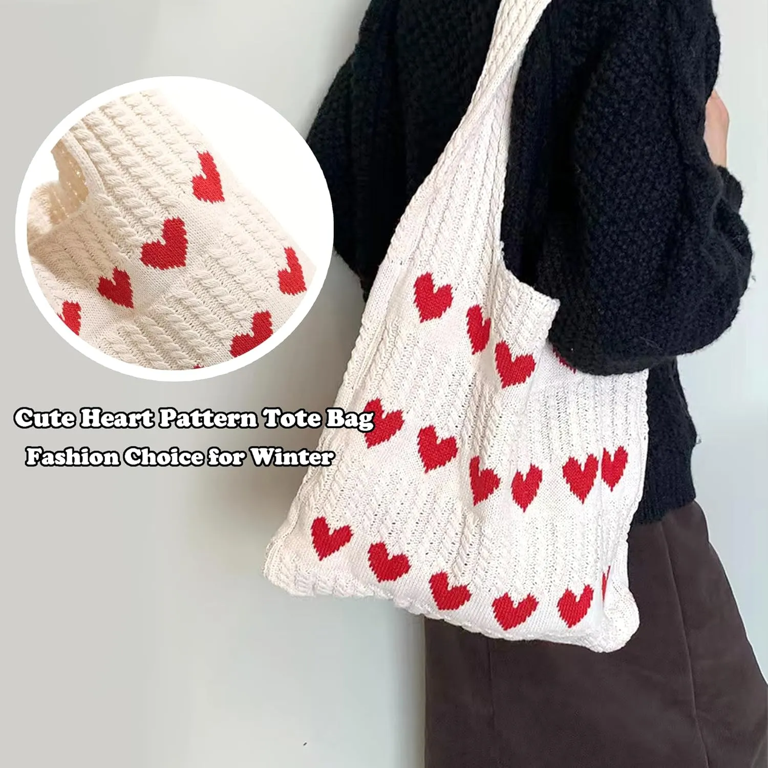Crochet Tote Bags for Women - Cute Heart Shaped Knit Shoulder Bag Cutecore Accessories Y2K Aesthetic Handbag Beach Hobo Bag