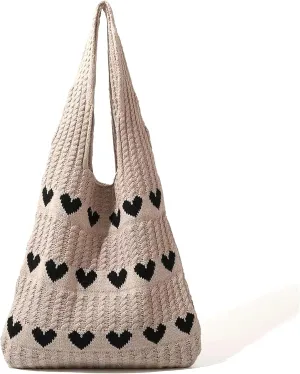 Crochet Tote Bags for Women - Cute Heart Shaped Knit Shoulder Bag Cutecore Accessories Y2K Aesthetic Handbag Beach Hobo Bag