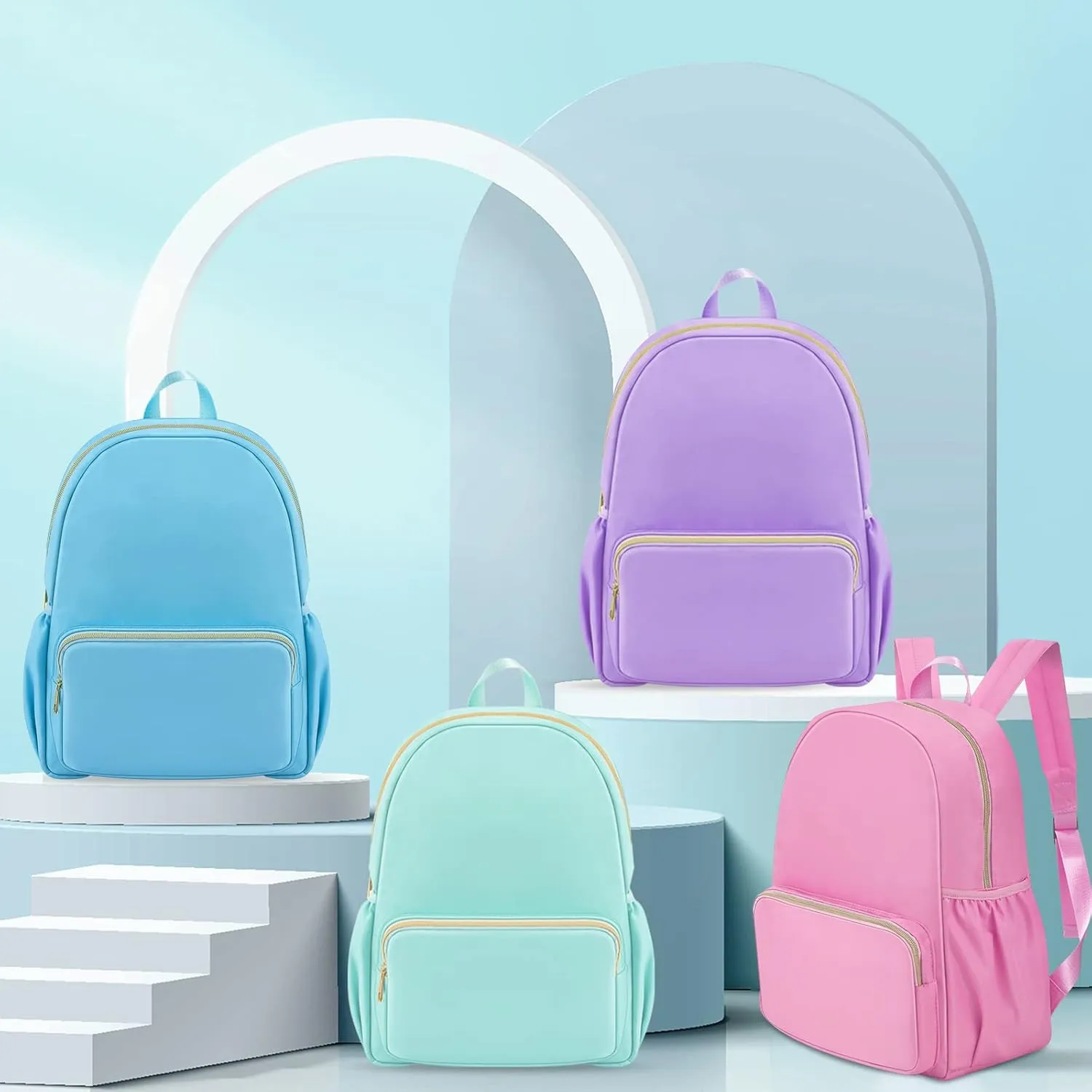 Cunno 4 Pcs Nylon Backpack for School Preppy Bookbags Bulk Girls Boys School Bags Toddler Backpack Waterproof Travel Bag (Blue, Pink, Green, Purple)