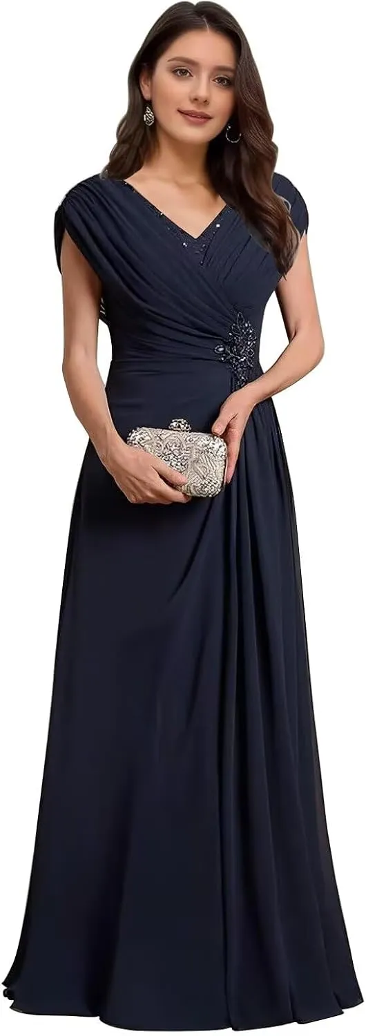 Curvy Chiffon Ruched Mother of The Bride Dresses Cap Sleeve Grandmother Dresses Lace Applique Formal Evening Party Gown