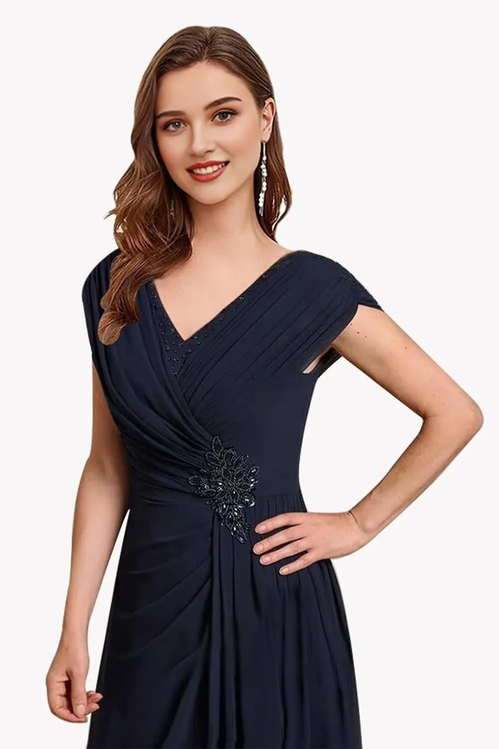 Curvy Chiffon Ruched Mother of The Bride Dresses Cap Sleeve Grandmother Dresses Lace Applique Formal Evening Party Gown