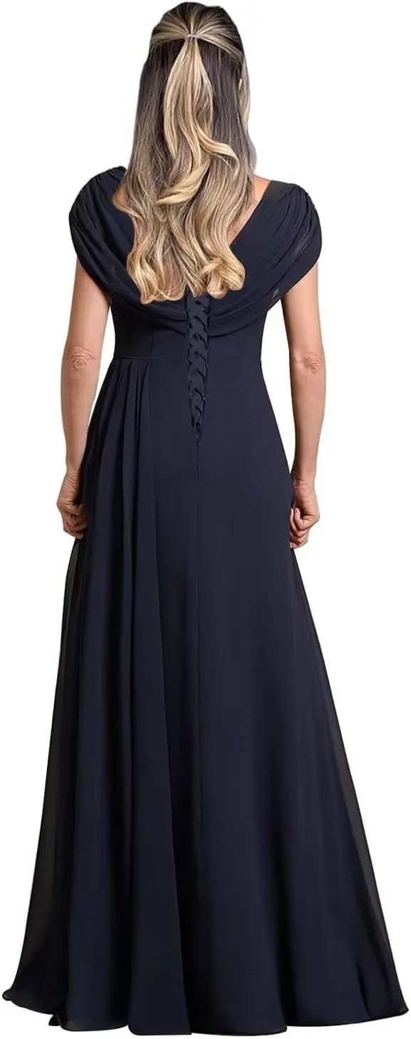 Curvy Chiffon Ruched Mother of The Bride Dresses Cap Sleeve Grandmother Dresses Lace Applique Formal Evening Party Gown