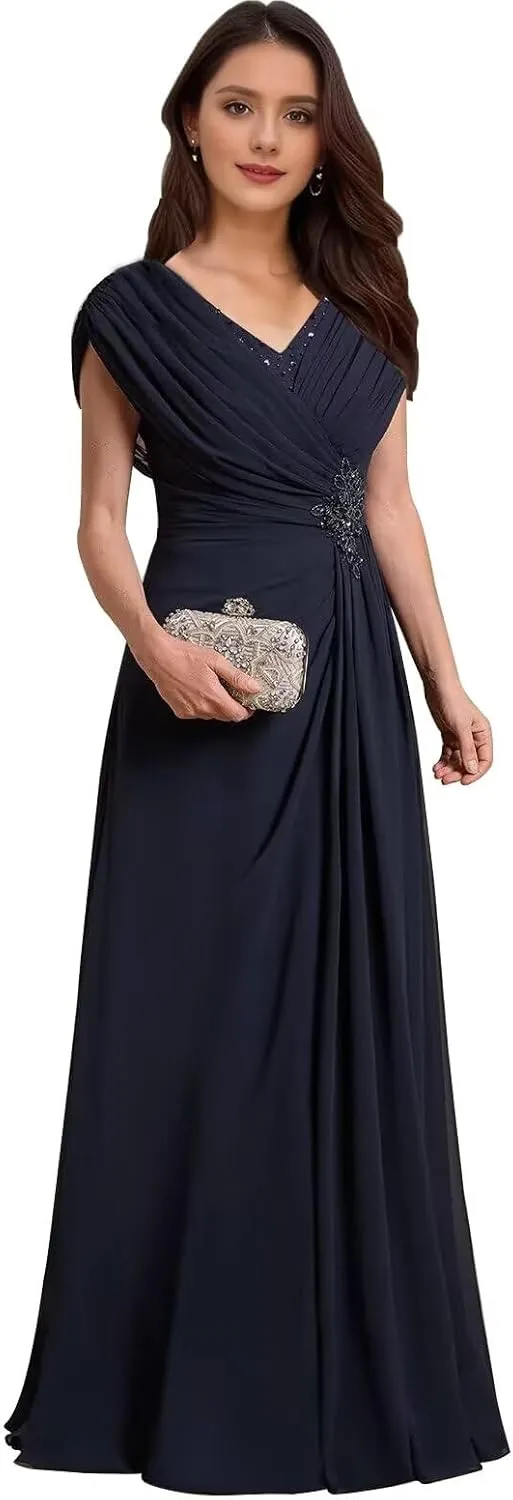 Curvy Chiffon Ruched Mother of The Bride Dresses Cap Sleeve Grandmother Dresses Lace Applique Formal Evening Party Gown