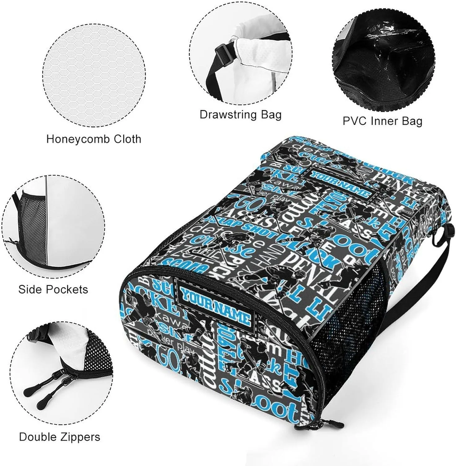 Custom Hockey Drawstring Backpack - Cool Cinch Sack, String Backpacks with Pocket for Kids Women Men Boys Girls for Gym Outdoor Sports Travel Athletic Drawstring Bag - Lightweight/Foldable