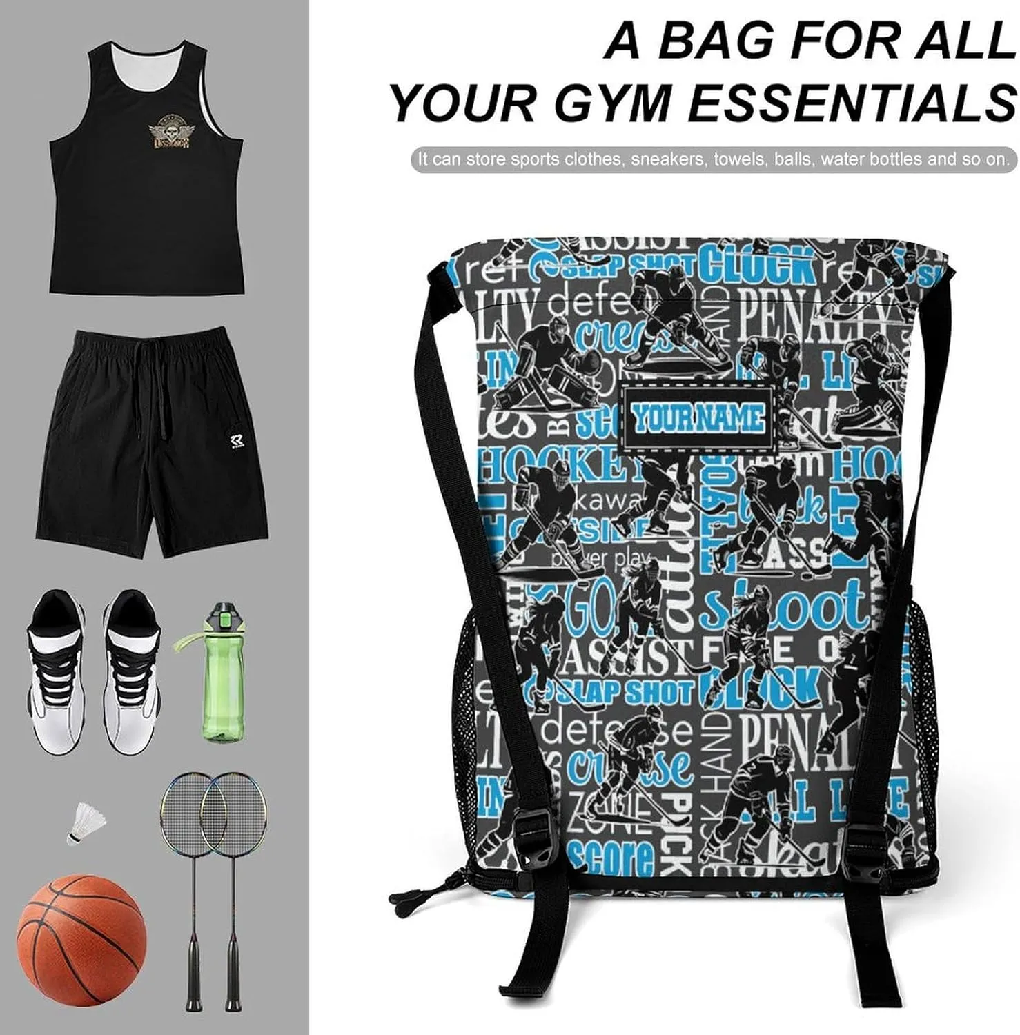 Custom Hockey Drawstring Backpack - Cool Cinch Sack, String Backpacks with Pocket for Kids Women Men Boys Girls for Gym Outdoor Sports Travel Athletic Drawstring Bag - Lightweight/Foldable