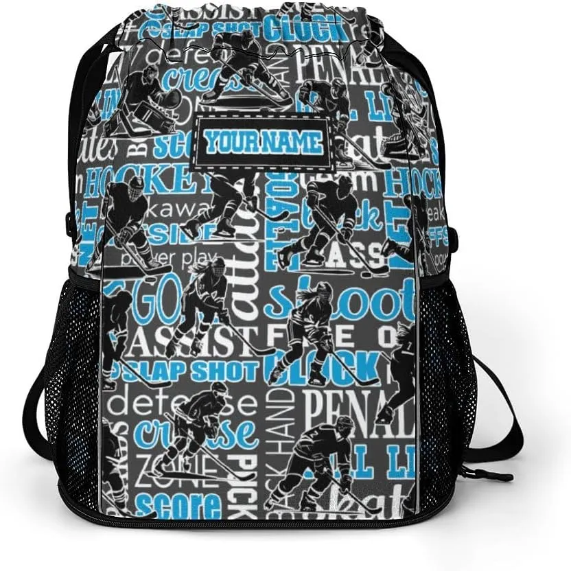 Custom Hockey Drawstring Backpack - Cool Cinch Sack, String Backpacks with Pocket for Kids Women Men Boys Girls for Gym Outdoor Sports Travel Athletic Drawstring Bag - Lightweight/Foldable