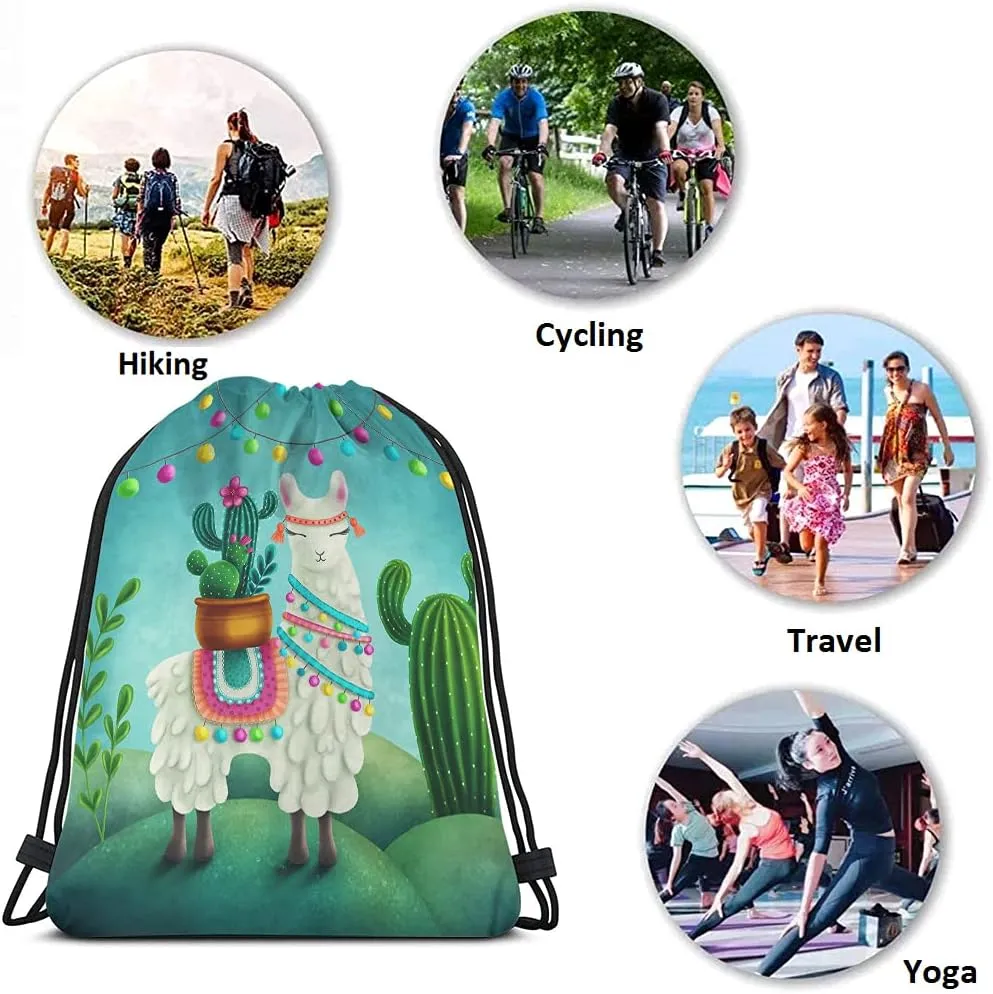 Cute Alpaca Llama Drawstring Bags Backpack Bag Cactus Summer Plant Green Succulent Colorful Art Boho Animal Sport Gym Sack Drawstring Bag String Bag Yoga Bag for Men Women