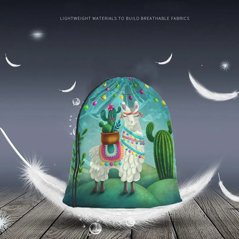 Cute Alpaca Llama Drawstring Bags Backpack Bag Cactus Summer Plant Green Succulent Colorful Art Boho Animal Sport Gym Sack Drawstring Bag String Bag Yoga Bag for Men Women